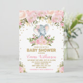Roze & Gouden Bloemen Olifant Baby shower Uitnodig Kaart (Staand voorkant)