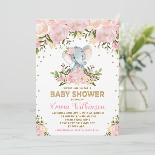 Roze & Gouden Bloemen Olifant Baby shower Uitnodig Kaart (Staand voorkant)