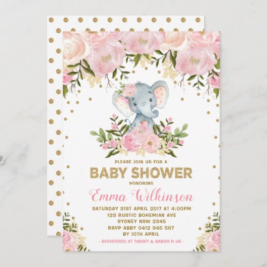 Roze & Gouden Bloemen Olifant Baby shower Uitnodig Kaart (Voorkant / Achterkant)