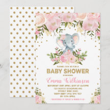 Roze & Gouden Bloemen Olifant Baby shower Uitnodig