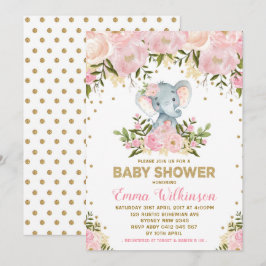 Roze & Gouden Bloemen Olifant Baby shower Uitnodig Kaart