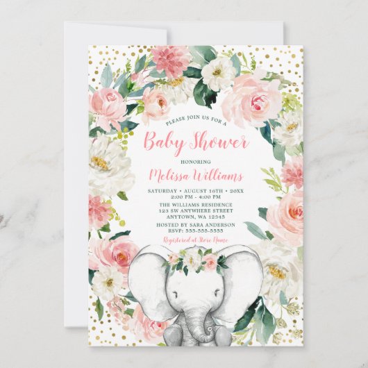 Roze Gouden Bloemen Olifant Meisje Baby shower Kaart (Voorkant)