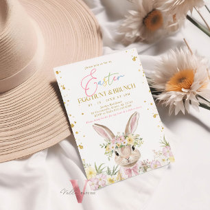 Roze Gouden Bloemen Paaseieren Hunt & Brunch Bunny Kaart