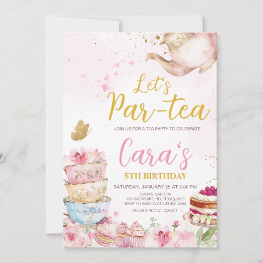 Roze Gouden Bloemen Par-Tea Verjaardagsfeest Kaart (Voorkant)