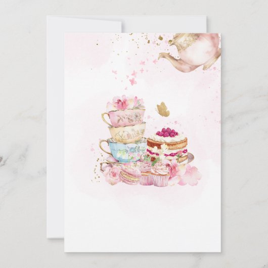 Roze Gouden Bloemen Par-Tea Verjaardagsfeest Kaart (Achterkant)