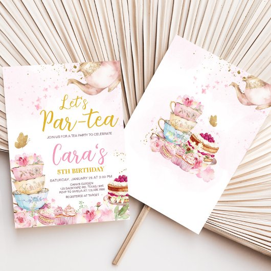 Roze Gouden Bloemen Par-Tea Verjaardagsfeest Kaart