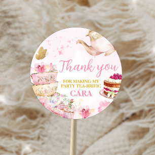 Roze Gouden Bloemen Par-Tea Verjaardagsfeest Ronde Sticker