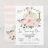 Roze Gouden Bloemen Pompoen 1e verjaardag Uitnodig Kaart (Voorkant / Achterkant)