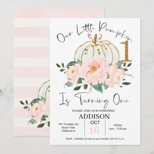 Roze Gouden Bloemen Pompoen 1e verjaardag Uitnodig Kaart (Voorkant / Achterkant)