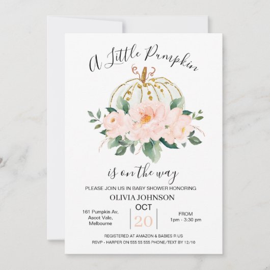 Roze Gouden Bloemen Pompoen Baby shower Uitnodigin Kaart (Voorkant)