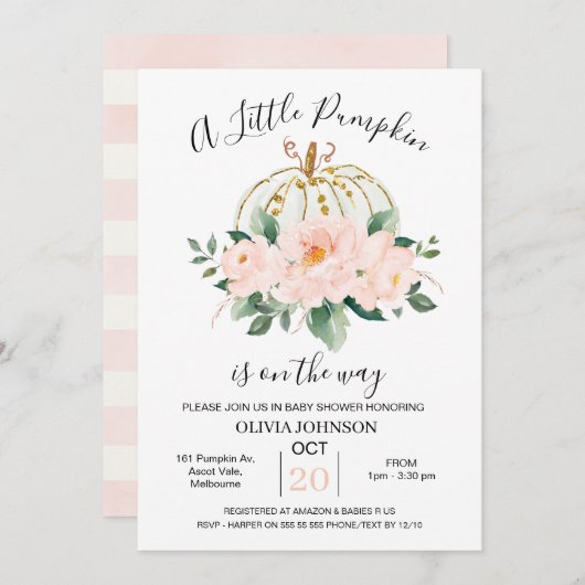 Roze Gouden Bloemen Pompoen Baby shower Uitnodigin Kaart (Voorkant / Achterkant)