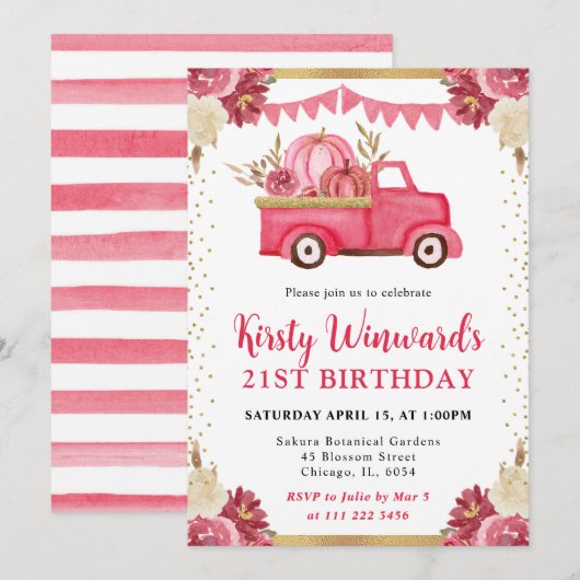 Roze Gouden Bloemen Pompoen Truck Herfst 21ste Ver Kaart (Voorkant / Achterkant)