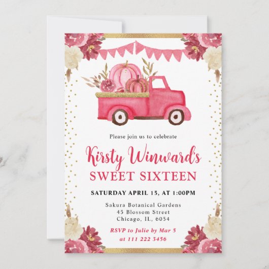 Roze Gouden Bloemen Pompoen Truck Herfst Sweet 16 Kaart (Voorkant)