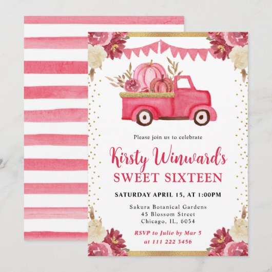 Roze Gouden Bloemen Pompoen Truck Herfst Sweet 16 Kaart (Voorkant / Achterkant)