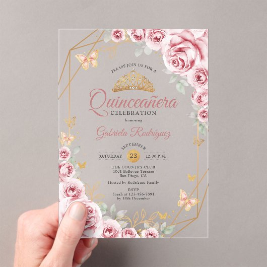 Roze Gouden Bloemen Quinceanera Acryl Uitnodigingen (Insitu (Draagbaar))