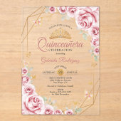 Roze Gouden Bloemen Quinceanera Acryl Uitnodigingen (Voorkant)