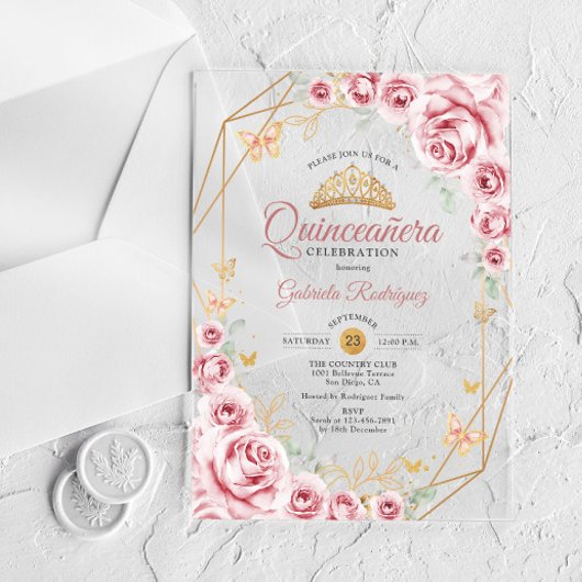 Roze Gouden Bloemen Quinceanera Acryl Uitnodigingen