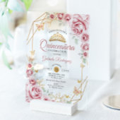 Roze Gouden Bloemen Quinceanera Acryl Uitnodigingen