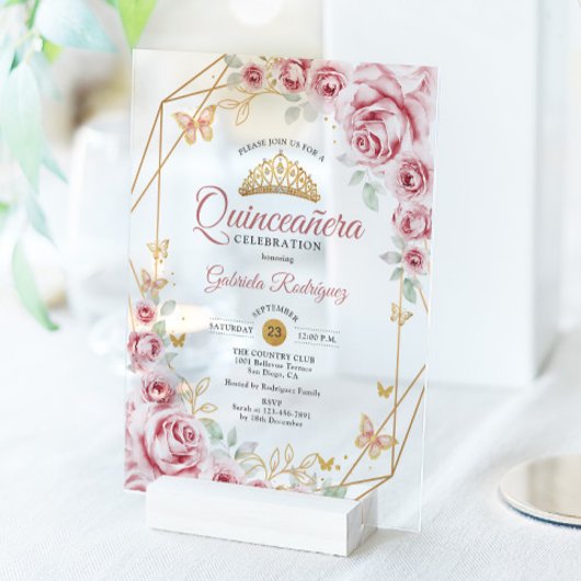 Roze Gouden Bloemen Quinceanera Acryl Uitnodigingen