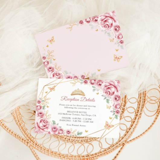 Roze Gouden Bloemen Quinceanera Details Informatiekaartje
