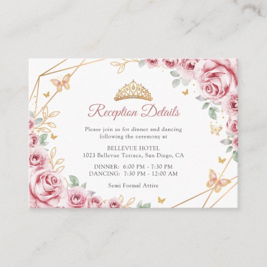 Roze Gouden Bloemen Quinceanera Details Informatiekaartje (Voorkant)