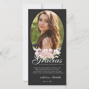 Roze Gouden Bloemen Quinceañera Foto Bedankkaart