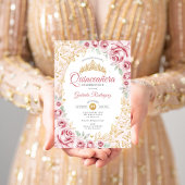Roze Gouden Bloemen Quinceanera Kaart