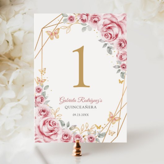 Roze Gouden Bloemen Quinceanera Kaart