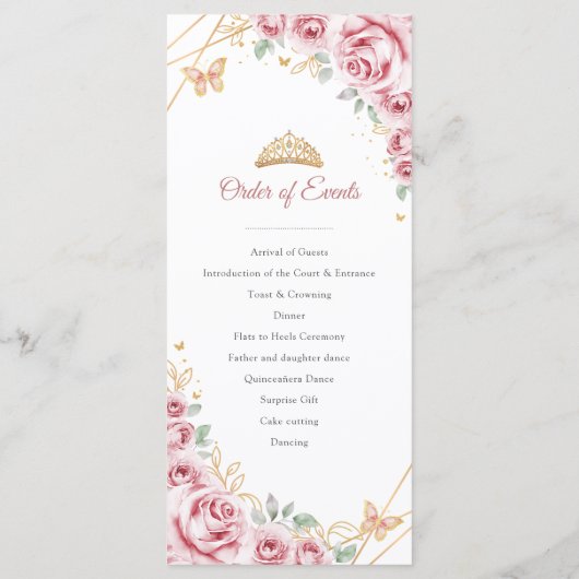 Roze Gouden Bloemen Quinceanera Orde van Evenement Programmakaart (Achterkant)
