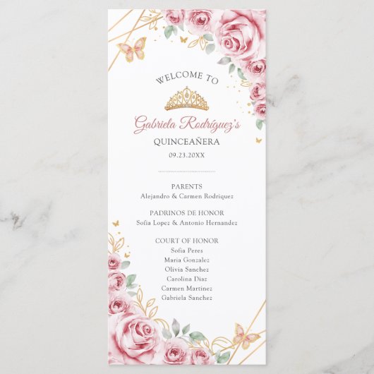 Roze Gouden Bloemen Quinceanera Orde van Evenement Programmakaart (Voorkant)
