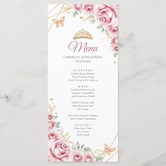 Roze Gouden Bloemen Quinceanera Programma Menu (Voorkant)