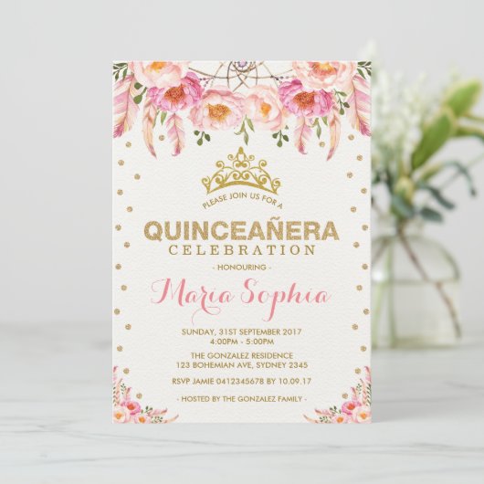 Roze Gouden Bloemen Quinceañera Vrouwelijke Dreamc Kaart (Staand voorkant)