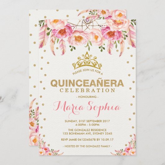Roze Gouden Bloemen Quinceañera Vrouwelijke Dreamc Kaart (Voorkant / Achterkant)