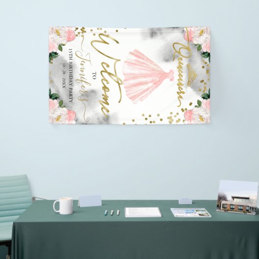 Roze Gouden Bloemen Quinceanera Welkomstbord Spandoek (Beurs)