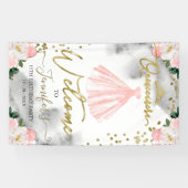Roze Gouden Bloemen Quinceanera Welkomstbord Spandoek (Horizontaal)