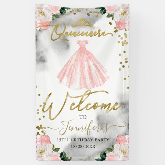 Roze Gouden Bloemen Quinceanera Welkomstbord Spandoek (Verticaal)