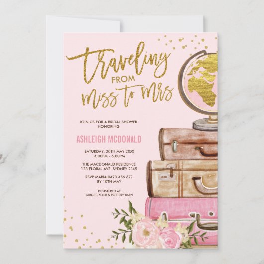 Roze & Gouden Bloemen Reizen Vrijgezellenfeest Kaart (Voorkant)