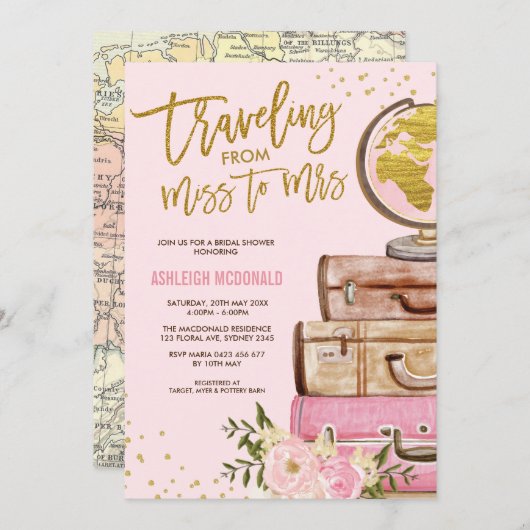 Roze & Gouden Bloemen Reizen Vrijgezellenfeest Kaart (Voorkant / Achterkant)