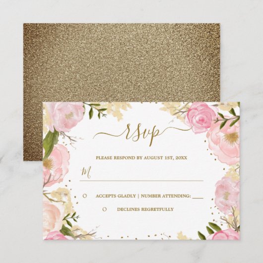 Roze Gouden Bloemen Roos Waterverf RSVP (Voorkant / Achterkant)