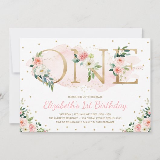 Roze Gouden Bloemen Rozen 1e Eerste Verjaardagsfee Kaart (Voorkant)