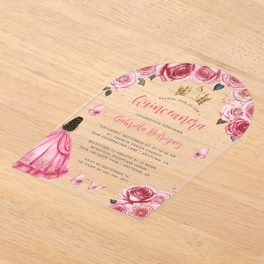 Roze Gouden Bloemen Rozen Waterverf Quinceañera Acryl Uitnodigingen (Laagn)