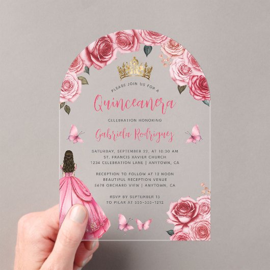 Roze Gouden Bloemen Rozen Waterverf Quinceañera Acryl Uitnodigingen (Insitu (Draagbaar))