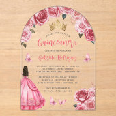 Roze Gouden Bloemen Rozen Waterverf Quinceañera Acryl Uitnodigingen (Voorkant)