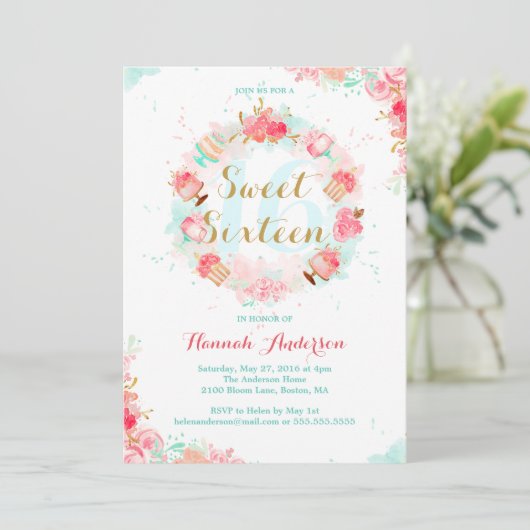 Roze Gouden Bloemen Taart Krans Sweet Sixteen Uitn Kaart (Staand voorkant)