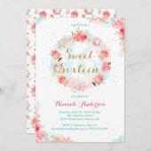 Roze Gouden Bloemen Taart Krans Sweet Sixteen Uitn Kaart (Voorkant / Achterkant)