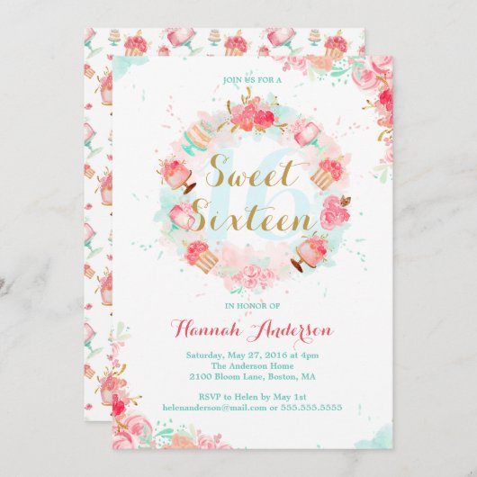 Roze Gouden Bloemen Taart Krans Sweet Sixteen Uitn Kaart (Voorkant / Achterkant)