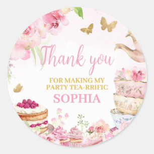 Roze Gouden Bloemen Thee Par-Tea Verjaardagsfeest Ronde Sticker