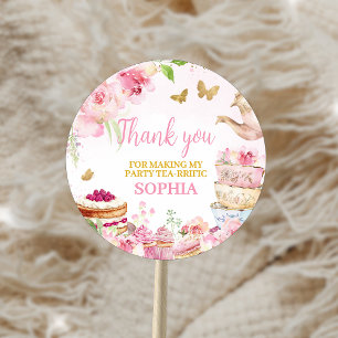 Roze Gouden Bloemen Thee Par-Tea Verjaardagsfeest Ronde Sticker