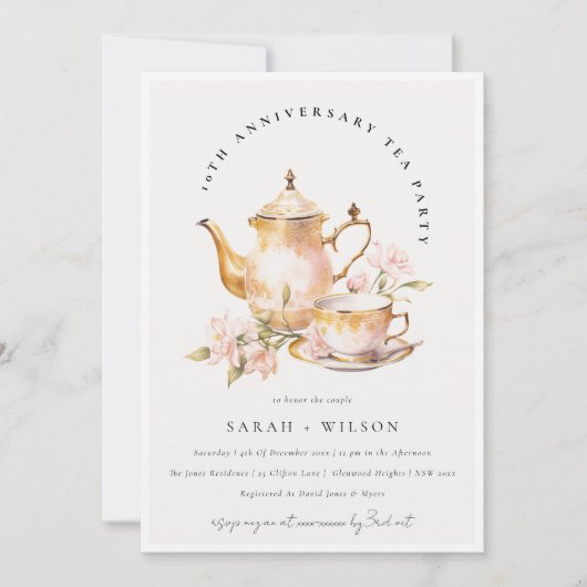 Roze Gouden Bloemen Theeset Jubileum Tea Party Kaart (Voorkant)