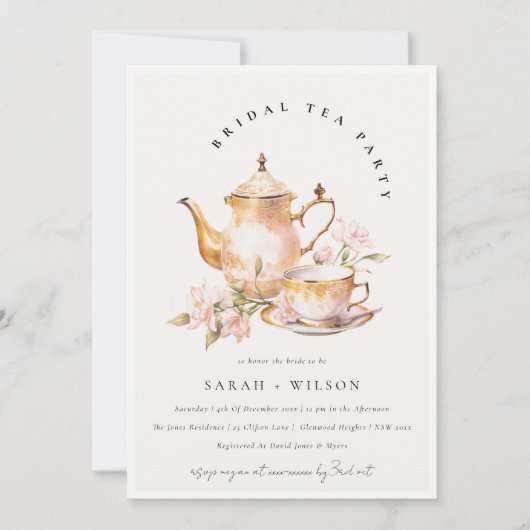 Roze Gouden Bloemen Theeset Vrijgezellenfeest Tea  Kaart (Voorkant)